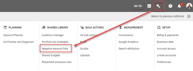 negative keyword lists in adowrds